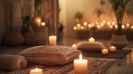A calming meditation room filled with soft music scented candles and plush pillows for men to clear their minds and destress.