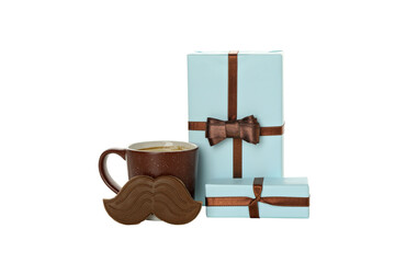 PNG, cup with gifts and mustache, isolated on white background.