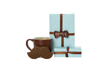 PNG, cup with gifts and mustache, isolated on white background.