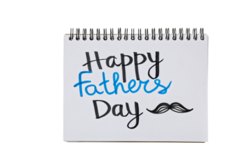 PNG, Happy Father's Day inscription in notebook, isolated on white background.
