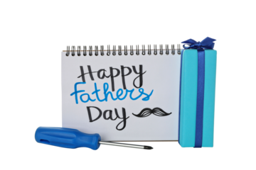 PNG, Happy Father's Day inscription in notebook, isolated on white background.