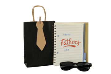 PNG, Happy Father's Day inscription in notebook, isolated on white background.