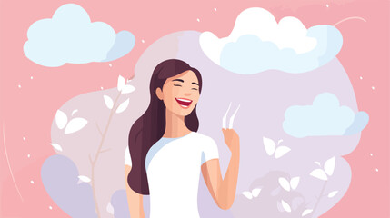 Happy woman with healthy teeth on color background