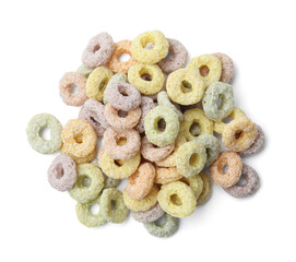 Tasty cereal rings isolated on white, top view
