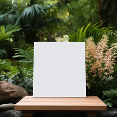Mockup of a blank white sheet of paper standing on a wooden stand, against a background of tropical plants, green leaves and trees. AI generated.