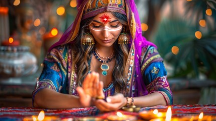 Fortune teller predicting future with tarot cards offering insight and guidance in psychic session