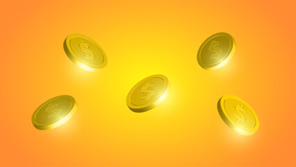 3D Gold Coin, Dollar Coin, Vector Coins with Dollar Signs