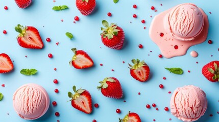 Delicious summer strawberry ice cream with decadent sauce and fresh fruits for a refreshing treat