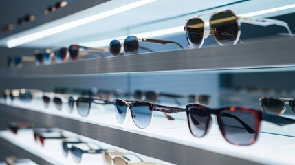 A shelf lined with various designer eyewear frames showcases the diversity and range of styles available in the collection.