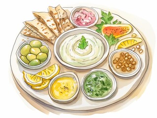 Middle Eastern mezze platter with hummus