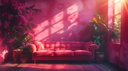 Purple room with sofa. Living room interior. Scandinavian interior. Generative AI, 