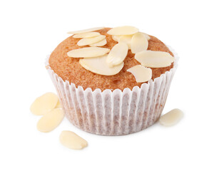 Muffin with fresh almond flakes isolated on white