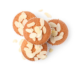 Muffins with fresh almond flakes isolated on white, top view