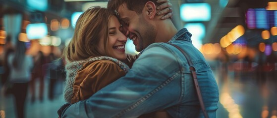 Smiling Girlfriend meets the Love of Her Life at the airport terminal after long separation and hugging and dancing with her handsome partner.