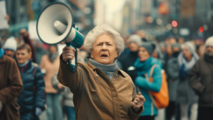 Determined senior woman protesting with a megaphone among a crowd.