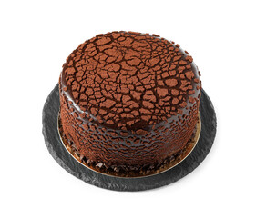 Delicious chocolate truffle cake isolated on white