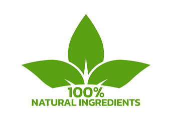 Natural ingredients icon or label with green leaf. 100 percent natural logo or badge. Vector illustration.