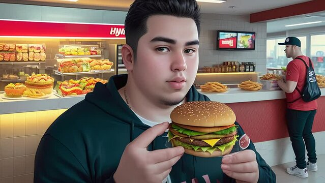 Young man weight evolution eating fast food flipbook aniamtion.Young slim man weighing 30 kg and gradually reaches the weight 200 kg eating fast food hamburger, man looks directly to camera.High