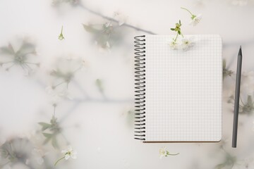 Guest list. Notebook, pencil and beautiful cherry tree blossoms on spring floral background, flat...