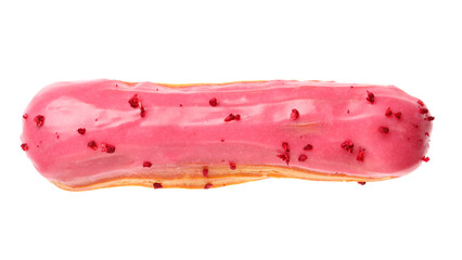 Delicious eclair covered with pink glaze isolated on white