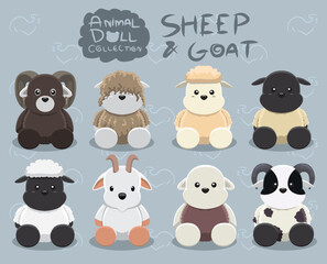Animal Dolls Sheep Goat Set Cartoon Vector Illustration
