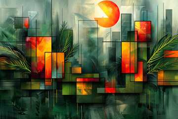 Lush green background featuring bold geometric shapes, imbuing the composition with vitality and energy.