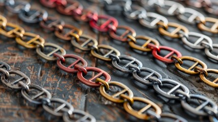 Fototapeta premium A close up of a variety of metal chains in different colors.