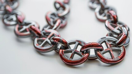 A close up image of a silver and red necklace with a repeating pattern of interlocking circles.