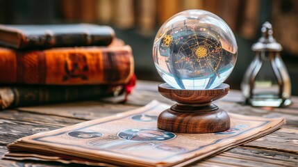 Fortune telling crystal ball on table for superstitious future prediction and mystical decor
