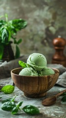 wooden bowl with green basil ice cream on a rustic background, in a closeup view, copy space concept for summer food and menu