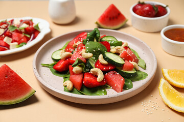 Watermelon salad in a bowl with fresh fruit