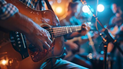 An acoustic guitar player performing live on stage