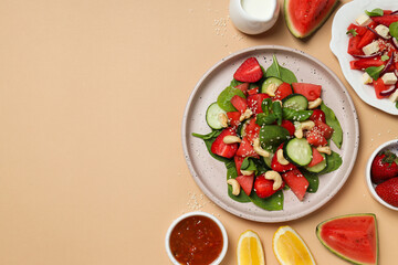 Watermelon salad in a bowl with fresh fruit