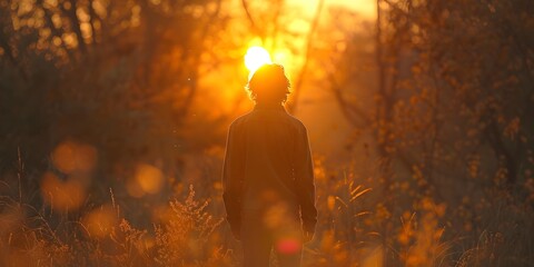 Silhouetted figure in the golden glow of a serene forest landscape at sunset