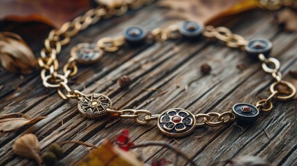 A golden chain with pendants in the form of metal plates with red stones lies on a wooden surface among the autumn leaves.