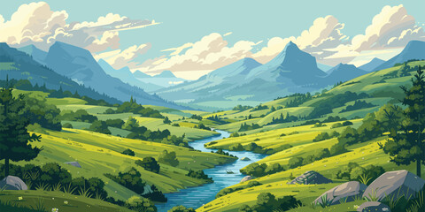 Vector - A peaceful landscape illustration depicting a river meandering through a green valley under a bright sky.