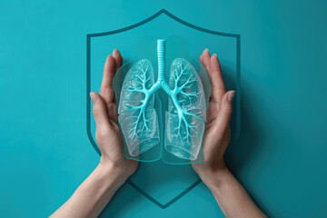 The doctor holds a badge with an image of lungs in his hands. A symbol of the prevention of lung diseases. - Powered by Adobe