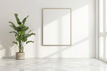 White marble floor, tall potted floor plant, blank gold picture frame on white wall, large windows, bright white sunny day