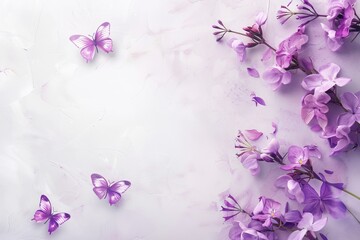 A beautiful bouquet of purple flowers with butterflies on a white marble background.