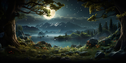 Tropical Island with beautiful landscape and deep sea reflections. Digital Illustration river running through forest at night with moon Illustration