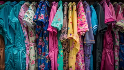 assortment of women's pajamas. A woman's colorful pajamas in a close-up, an ideal backdrop for a home clothing store, with plenty of room for text.