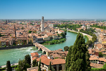 Verona Veneto Italy. Cityscape. The river Adige and Ponte Pietra (Stone Bridge)