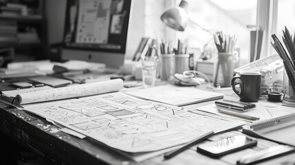 A black and white photo of a messy desk with a lamp, coffee cup, and scattered papers and supplies.