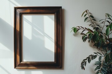 An empty frame hangs on a white wall next to a potted plant