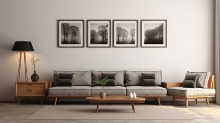 Modern Living Room With Couch, Table, and Wall Art