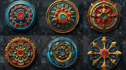 A collection of six magical mandala medallions with intricate patterns and vibrant colors.