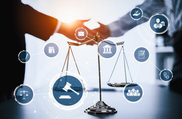 Smart law, legal advice icons and lawyer working tools in the lawyers office showing concept of digital law and online technology of savvy law and regulations .