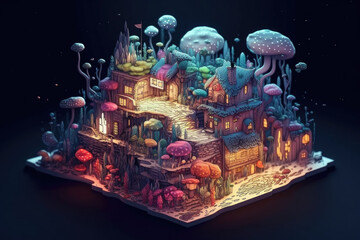A paper house cutout surrounded by jellyfish. Vibrant colors and intricate details make this art piece visually striking