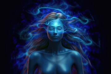 Fototapeta premium A painting depicting a woman with striking blue hair, staring confidently at the viewer