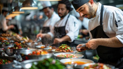 A chef carefully plating a dish in a busy restaurant kitchen.
